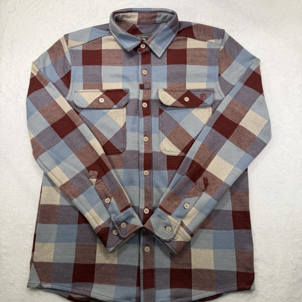 Born Primitive Men Small Homestead Maroon Blue Woodsman Stretchy Flannel Plaid